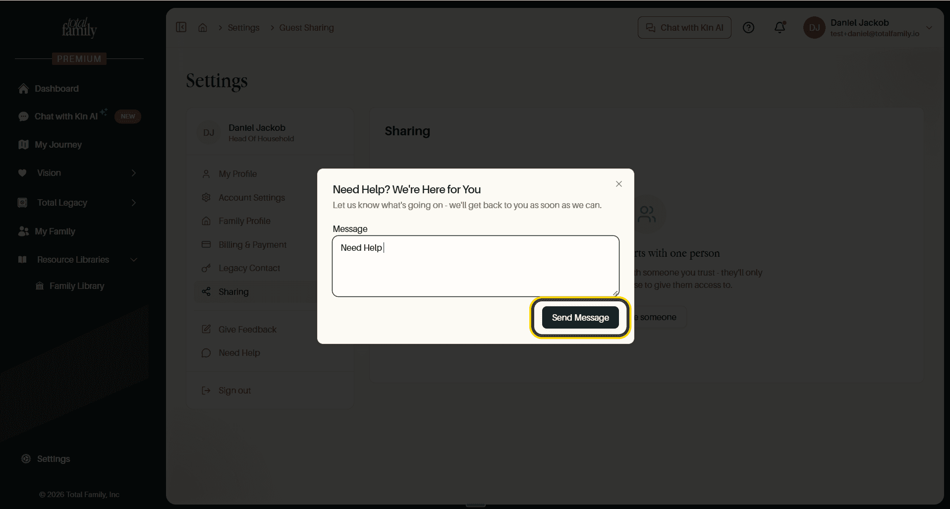 The Need Help dialog, with the Send Message button highlighted