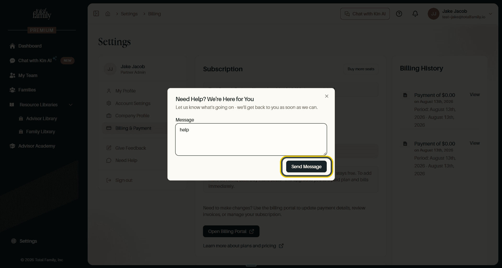 The Need Help dialog, with Send Message highlighted