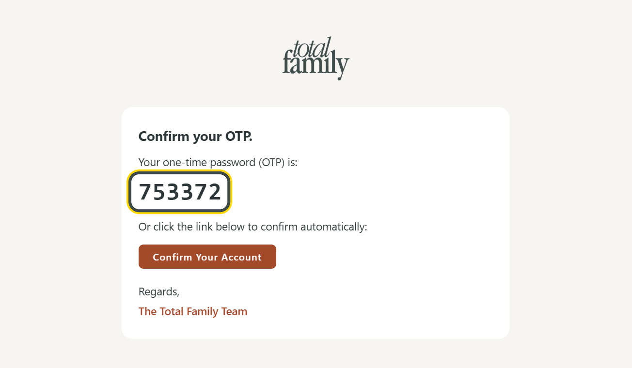 The verification email showing the one-time code