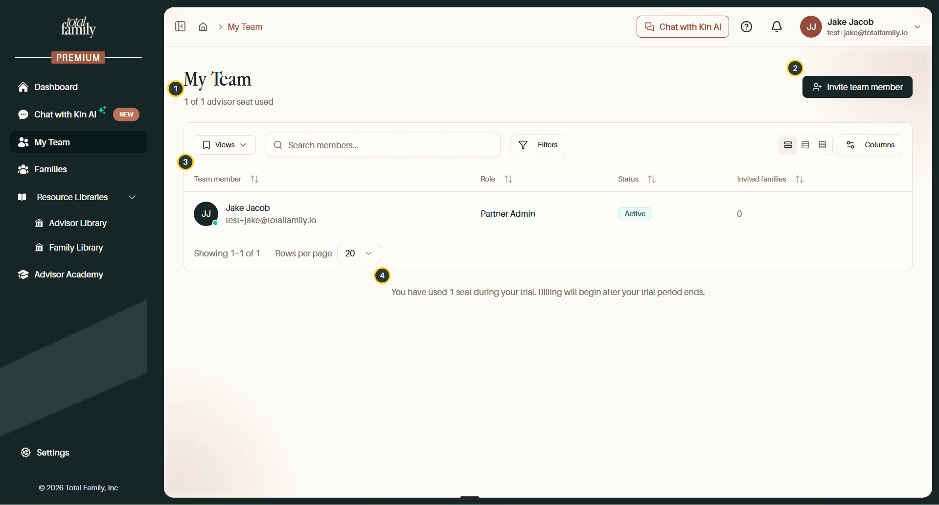 The My Team page, with its four areas numbered