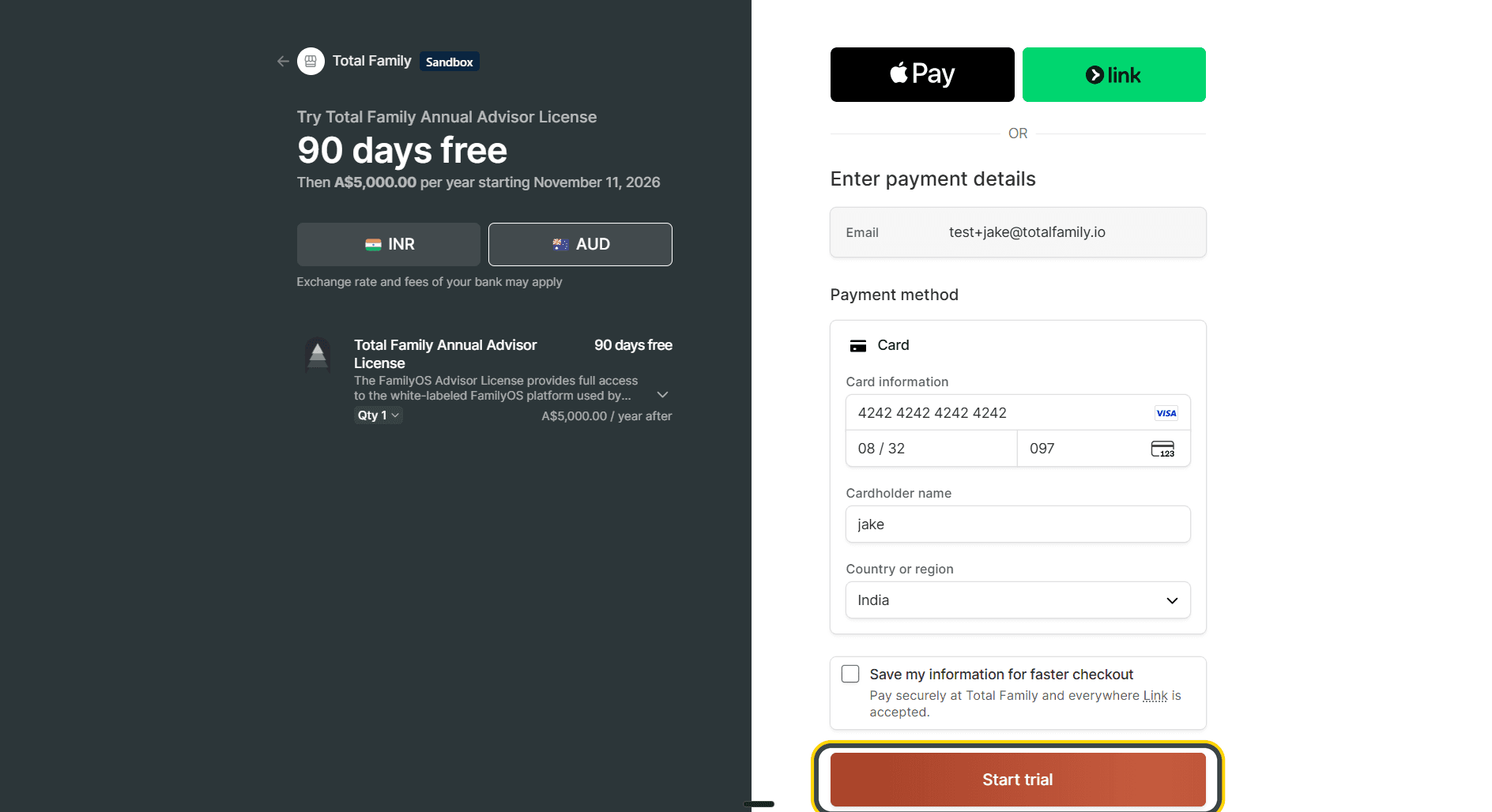 The payment form completed, with the Start trial button highlighted