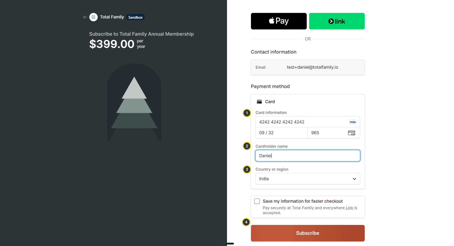 The payment page, with the card fields, name, country, and Subscribe button numbered