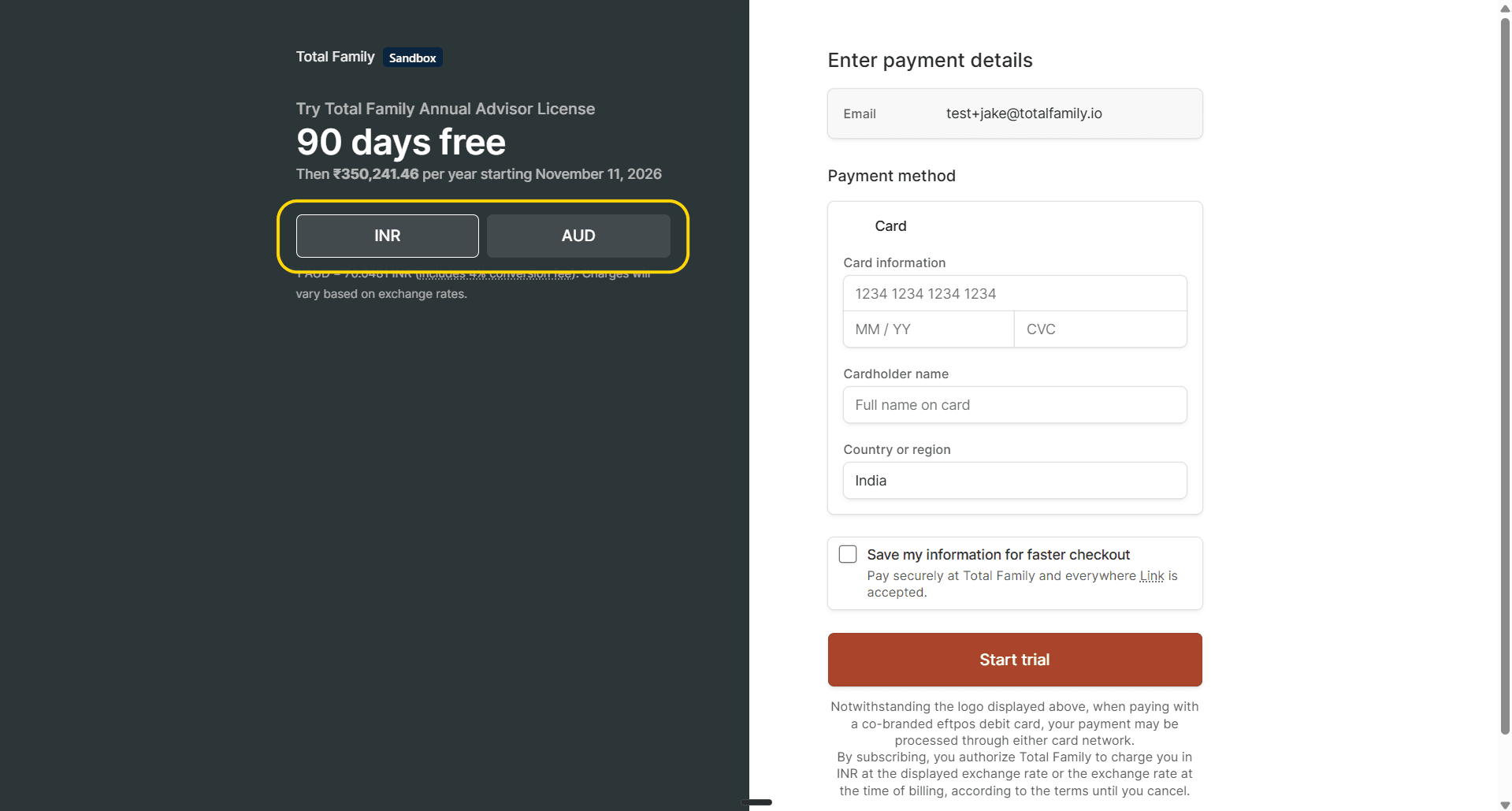 The payment page, with the currency toggle highlighted