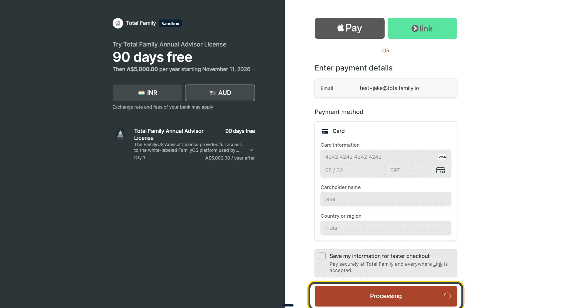 The payment page while the subscription is processing