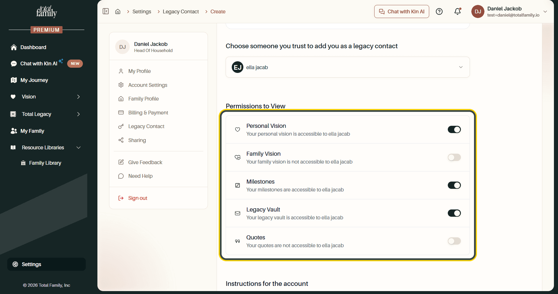 The permissions list, with all five toggles highlighted