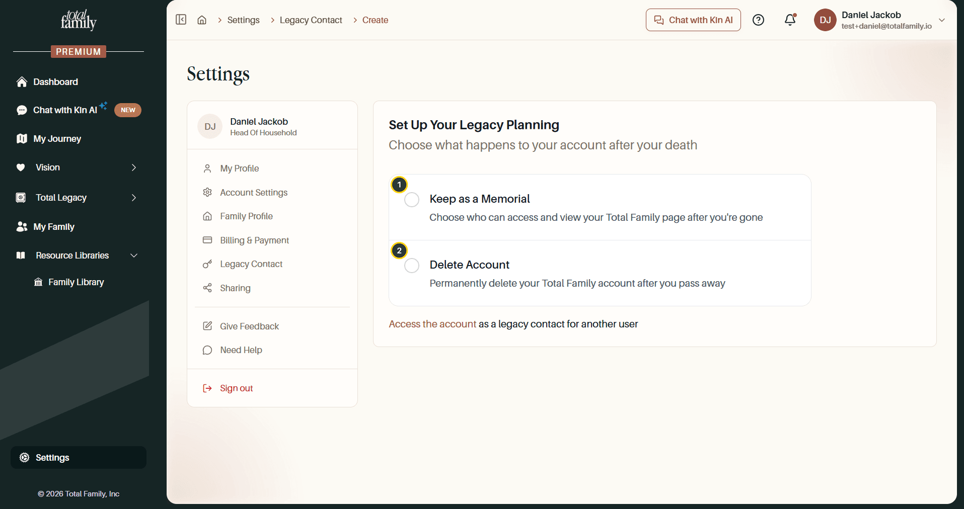 The Legacy Contact page, with its two options numbered