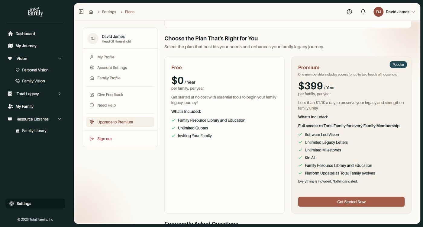 The plans page, with Free and Premium side by side