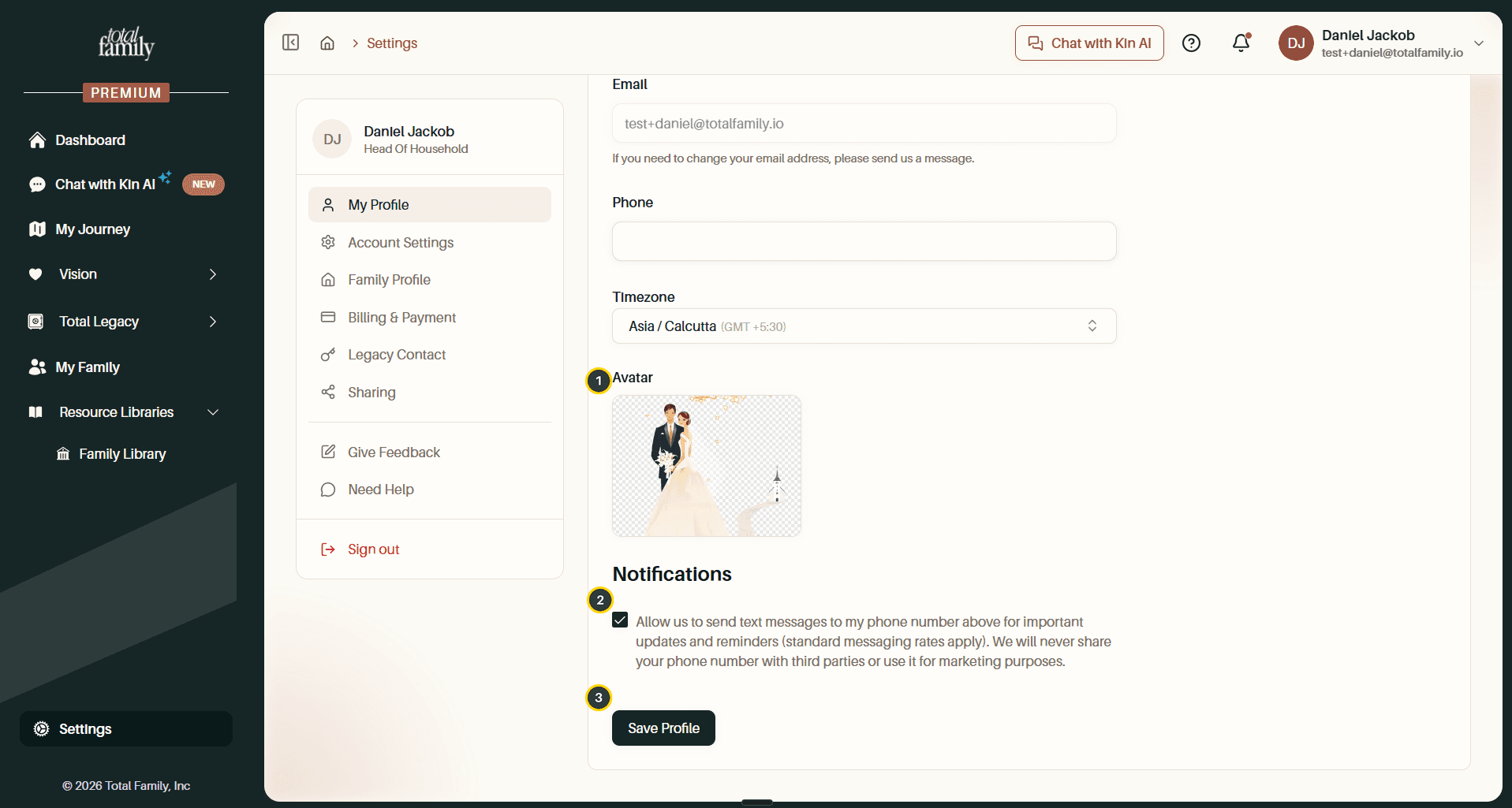 The lower half of My Profile, with the avatar, notifications, and save button numbered