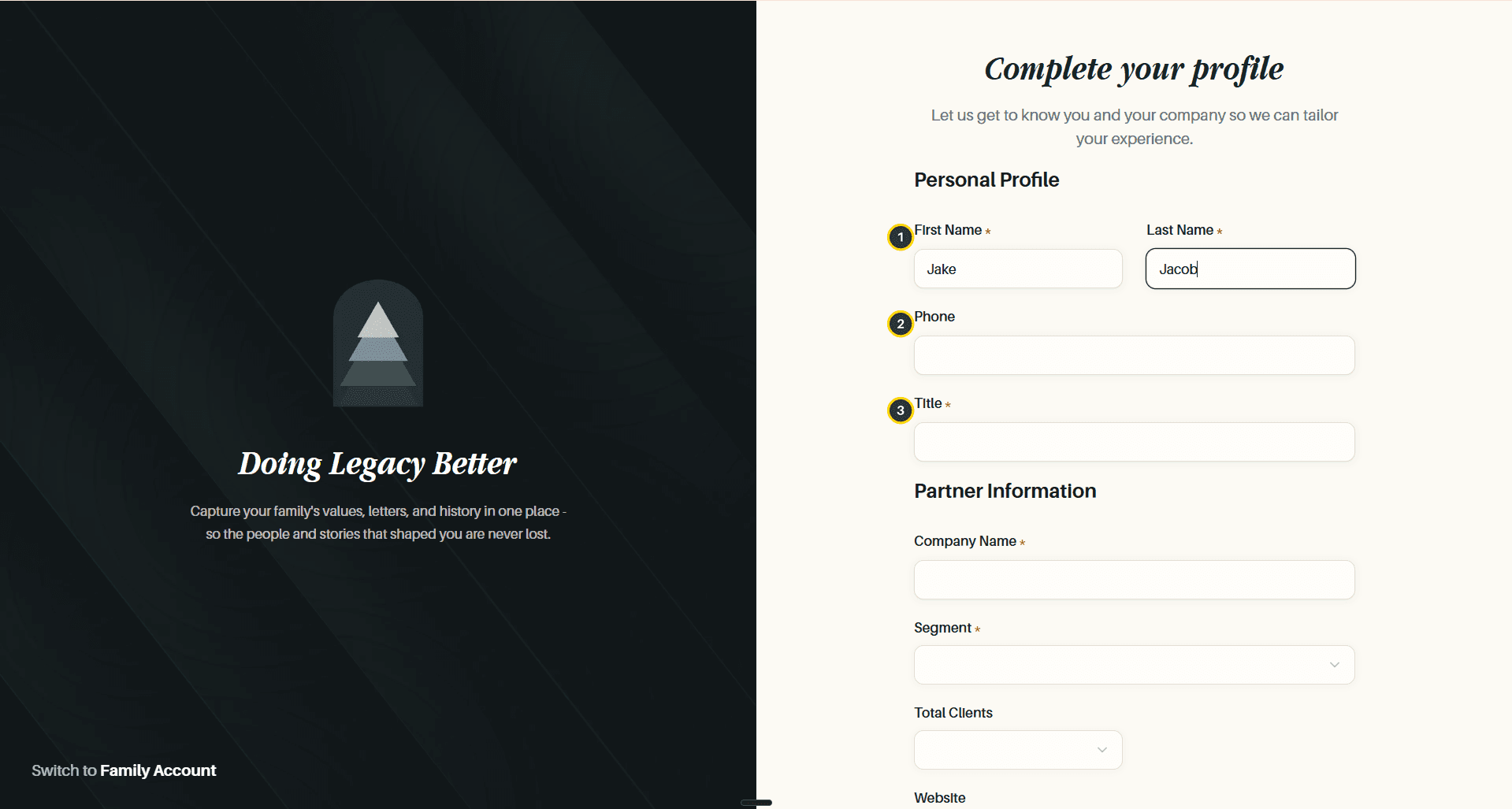 The personal profile section, with its fields numbered