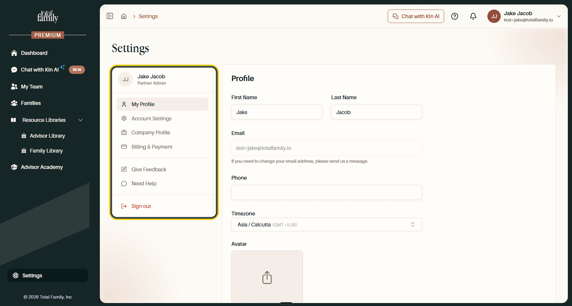 The Settings page, with the section list highlighted