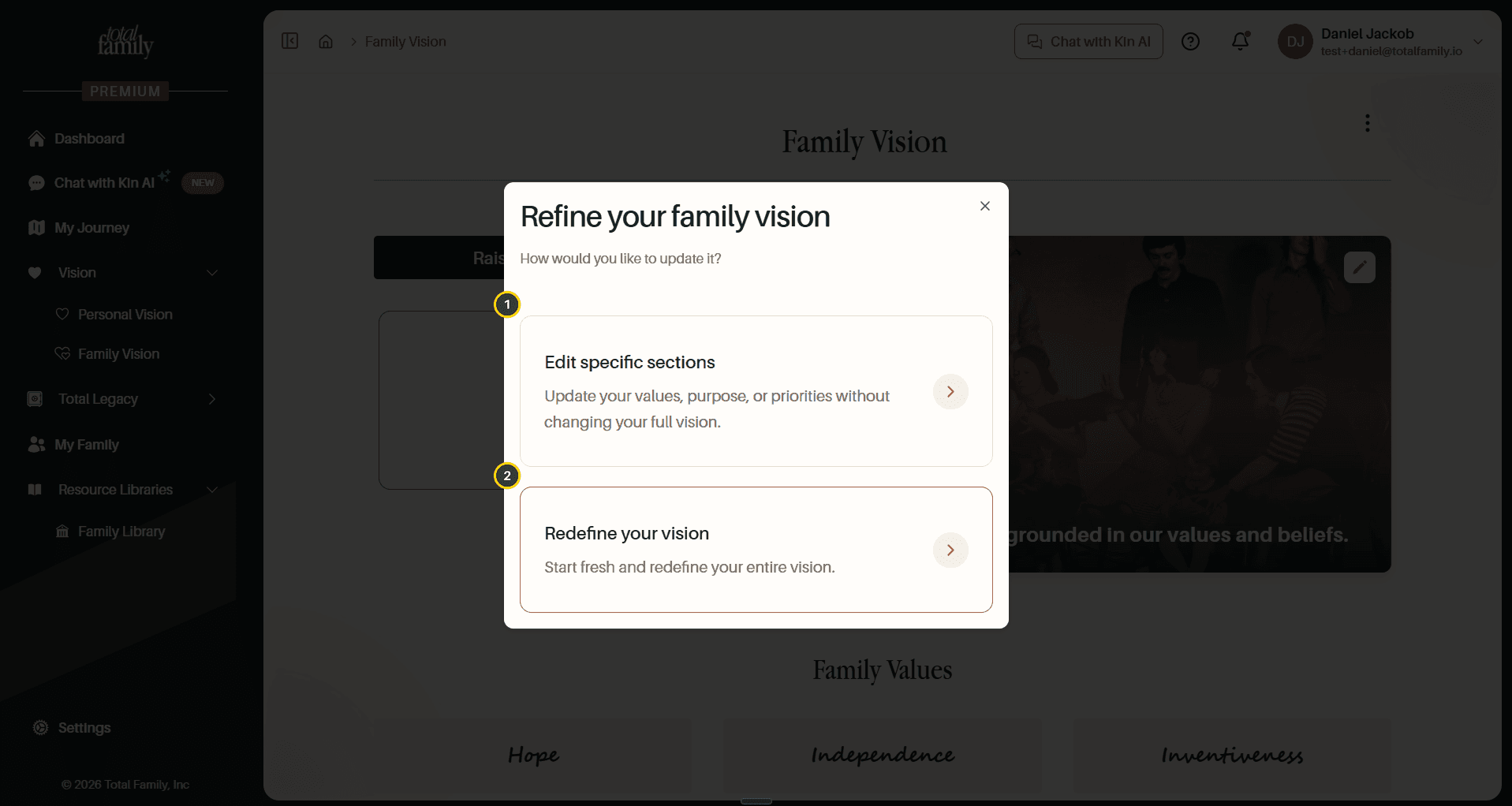 The Refine your vision dialog, with its two options numbered