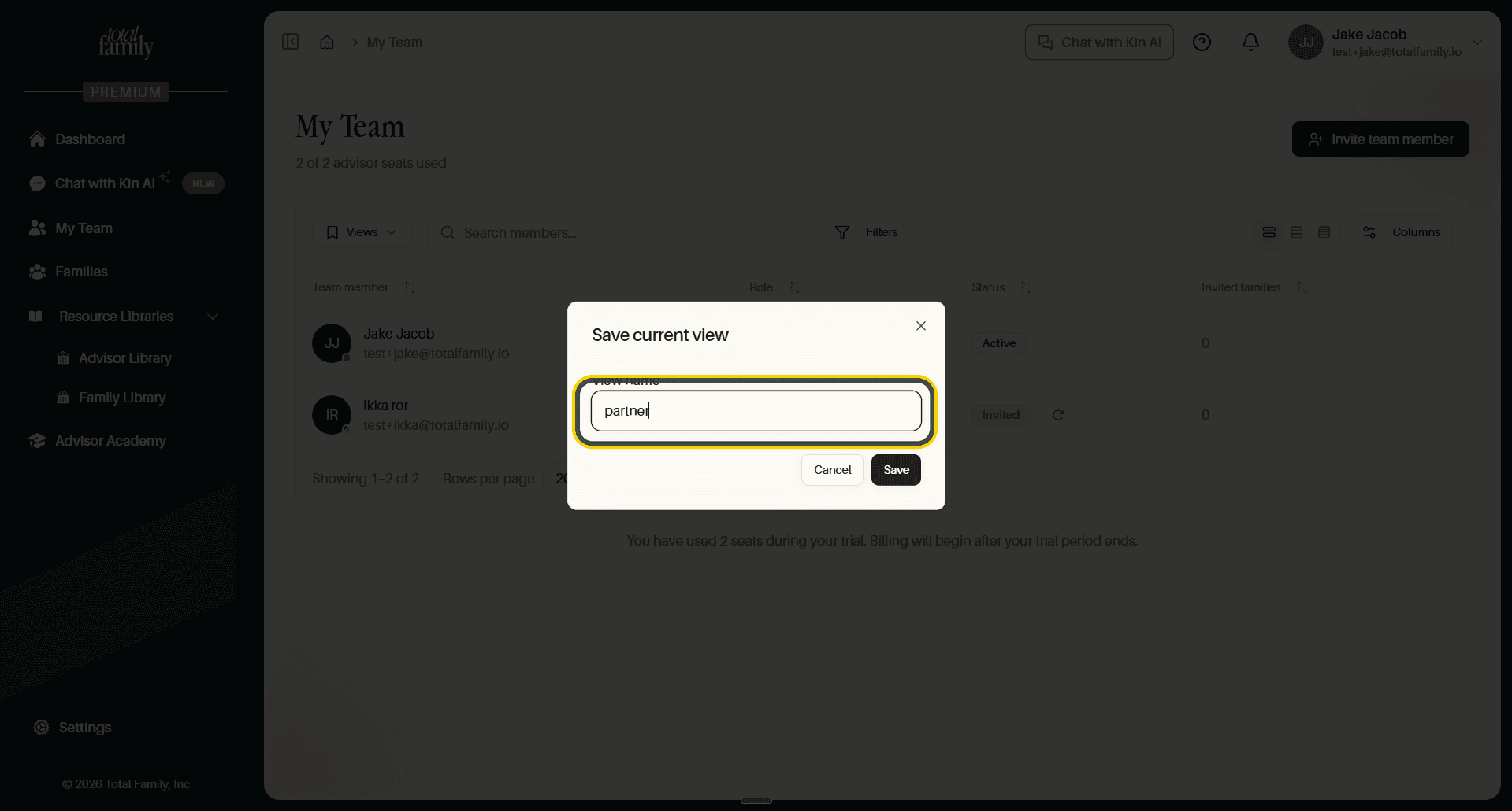 The Save current view dialog