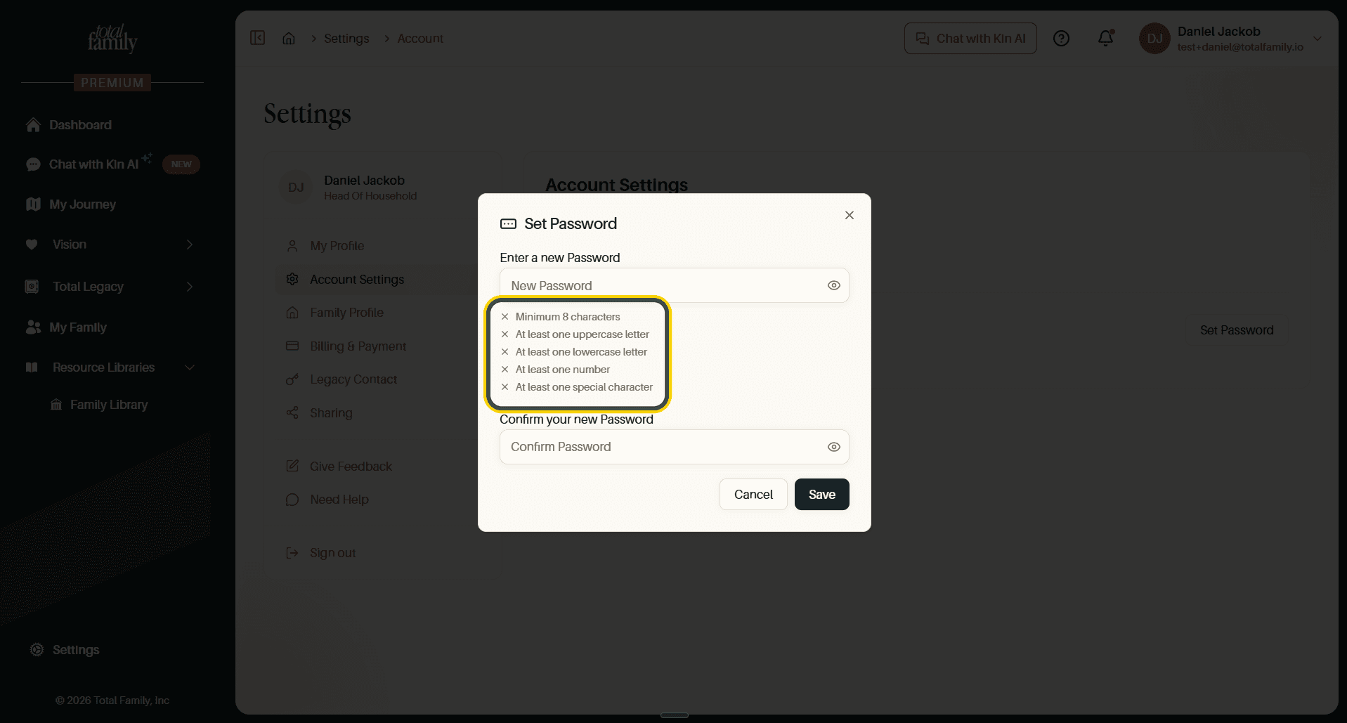The Set Password dialog, with the password rules highlighted