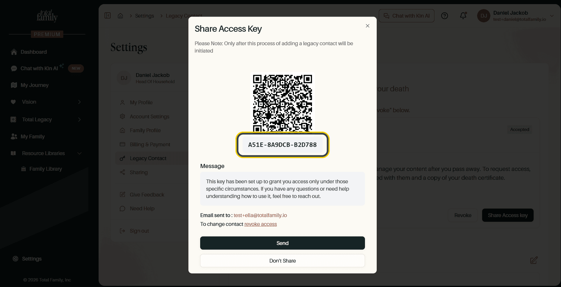 The Share Access Key dialog, with the key highlighted