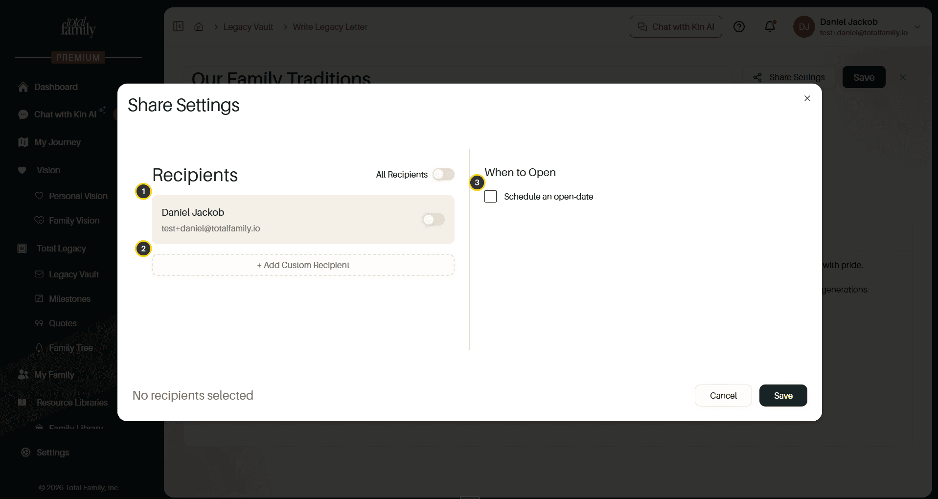 The Share Settings dialog, with recipients, custom recipient, and timing numbered