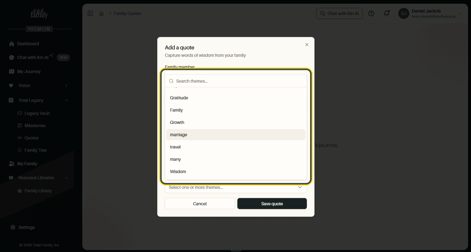 The themes dropdown open, showing the searchable list