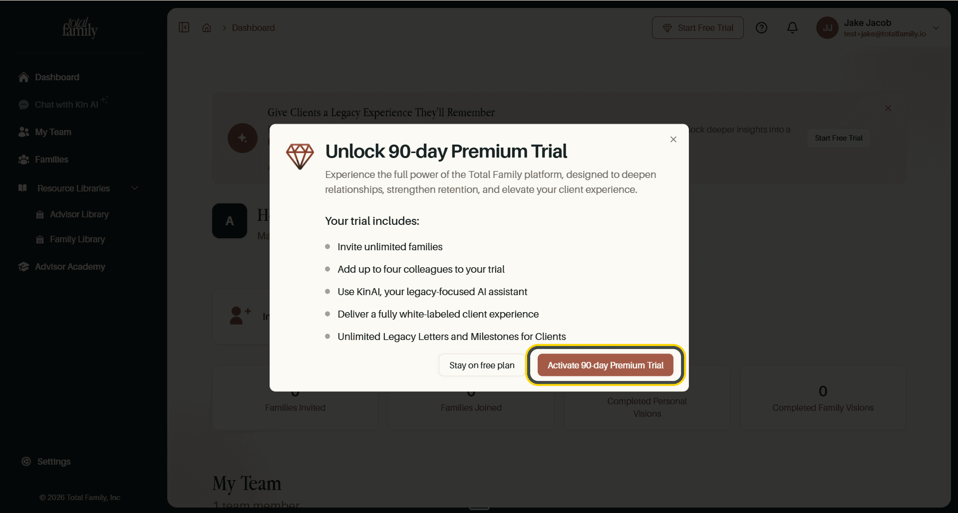 The 90-day trial dialog, with the activate button highlighted