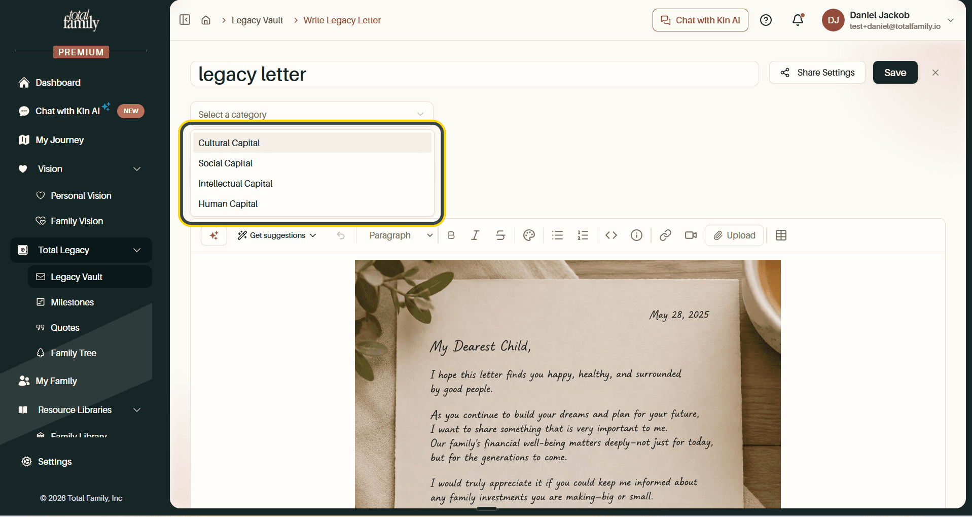 The uploaded letter in the editor, with the category dropdown open