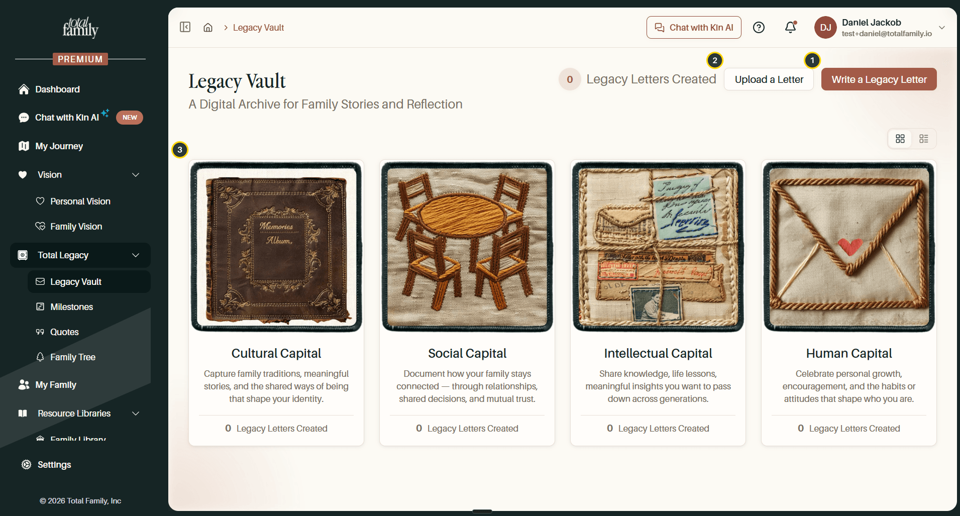 The Legacy Vault, with the write and upload buttons and the four categories numbered