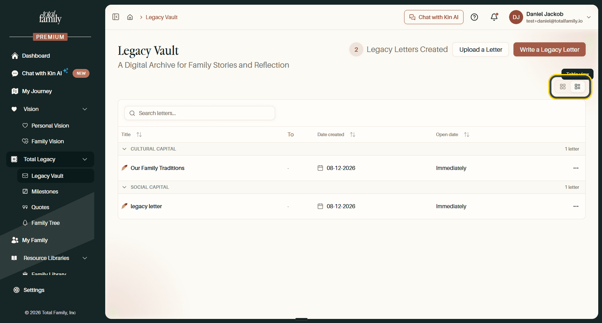 The vault in table view, with the view toggle highlighted