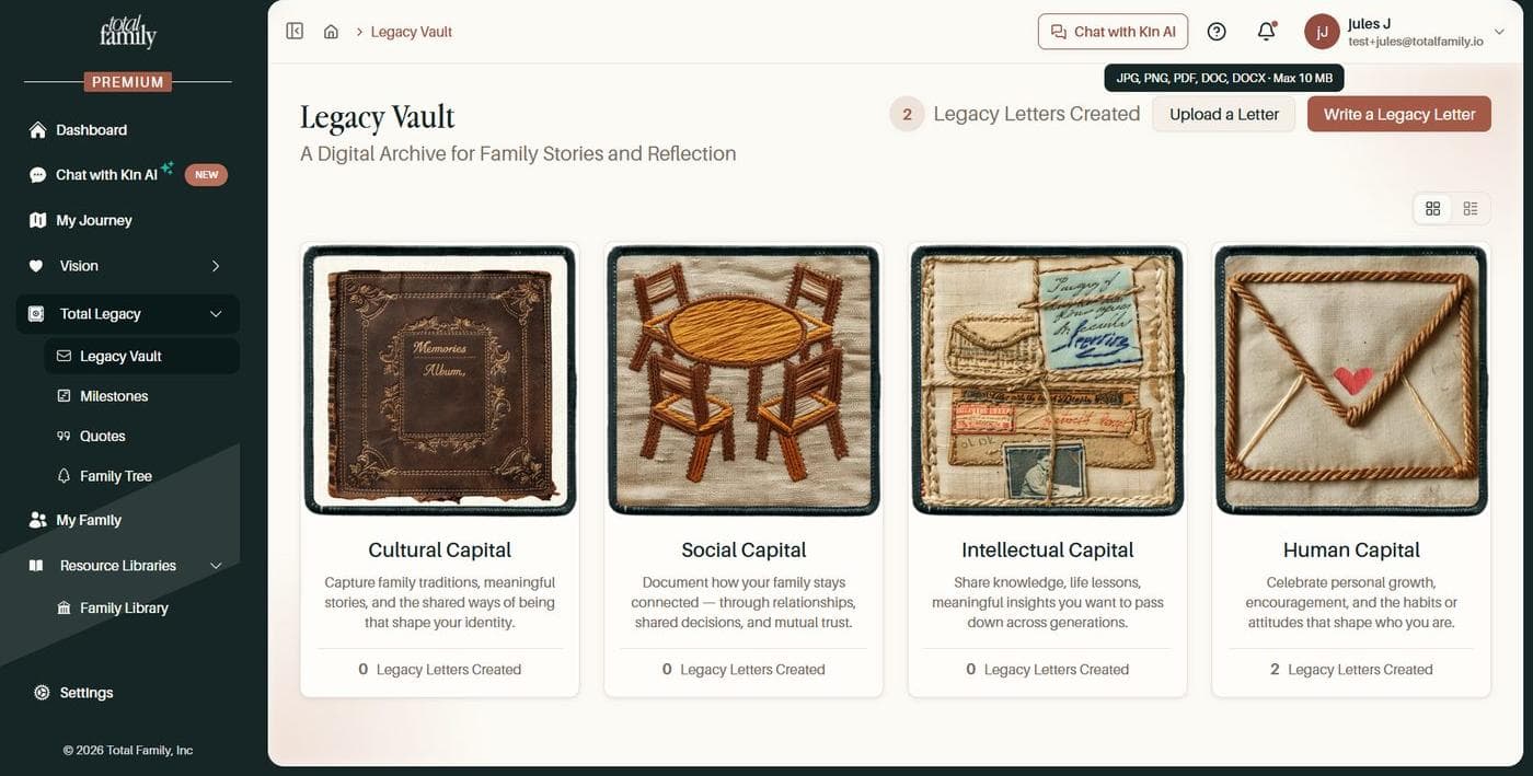 The Legacy Vault with the Upload a Letter button and accepted formats