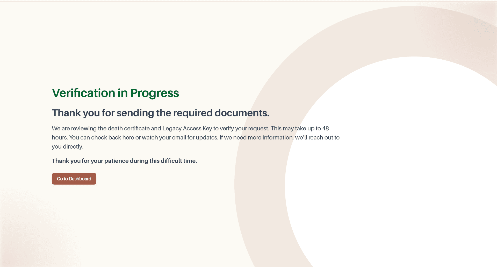 The verification in progress confirmation