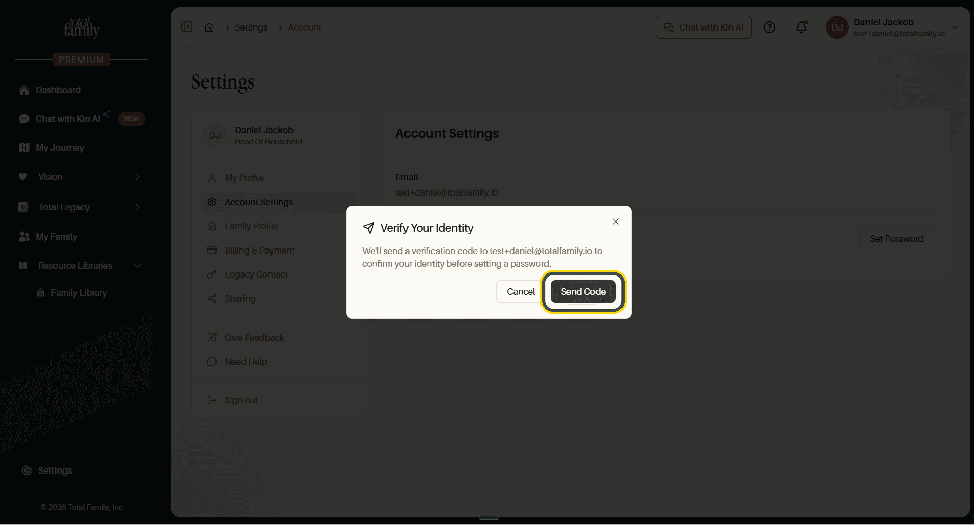 The Verify Your Identity dialog, with Send Code highlighted