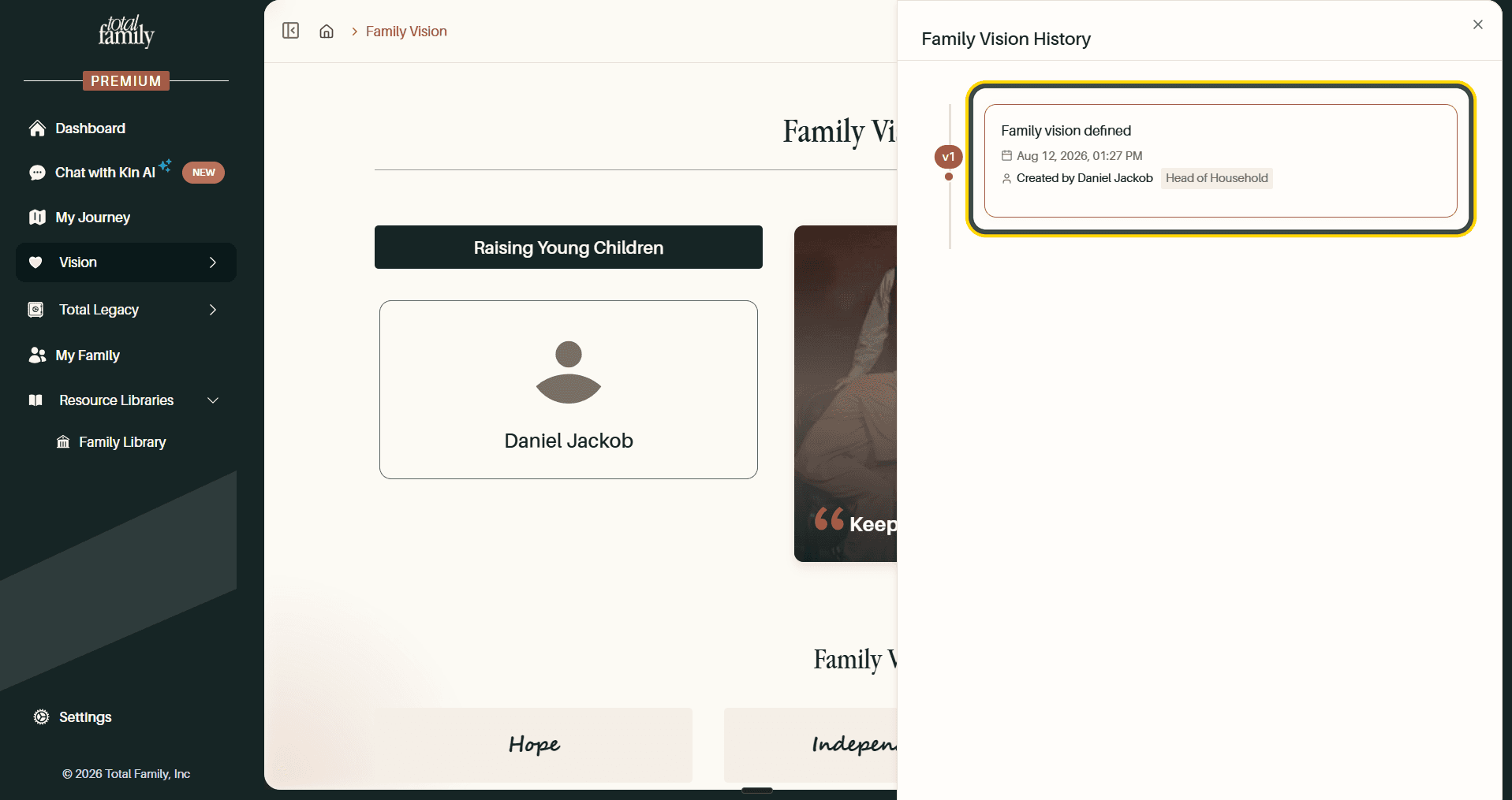 The Family Vision History panel showing a saved version