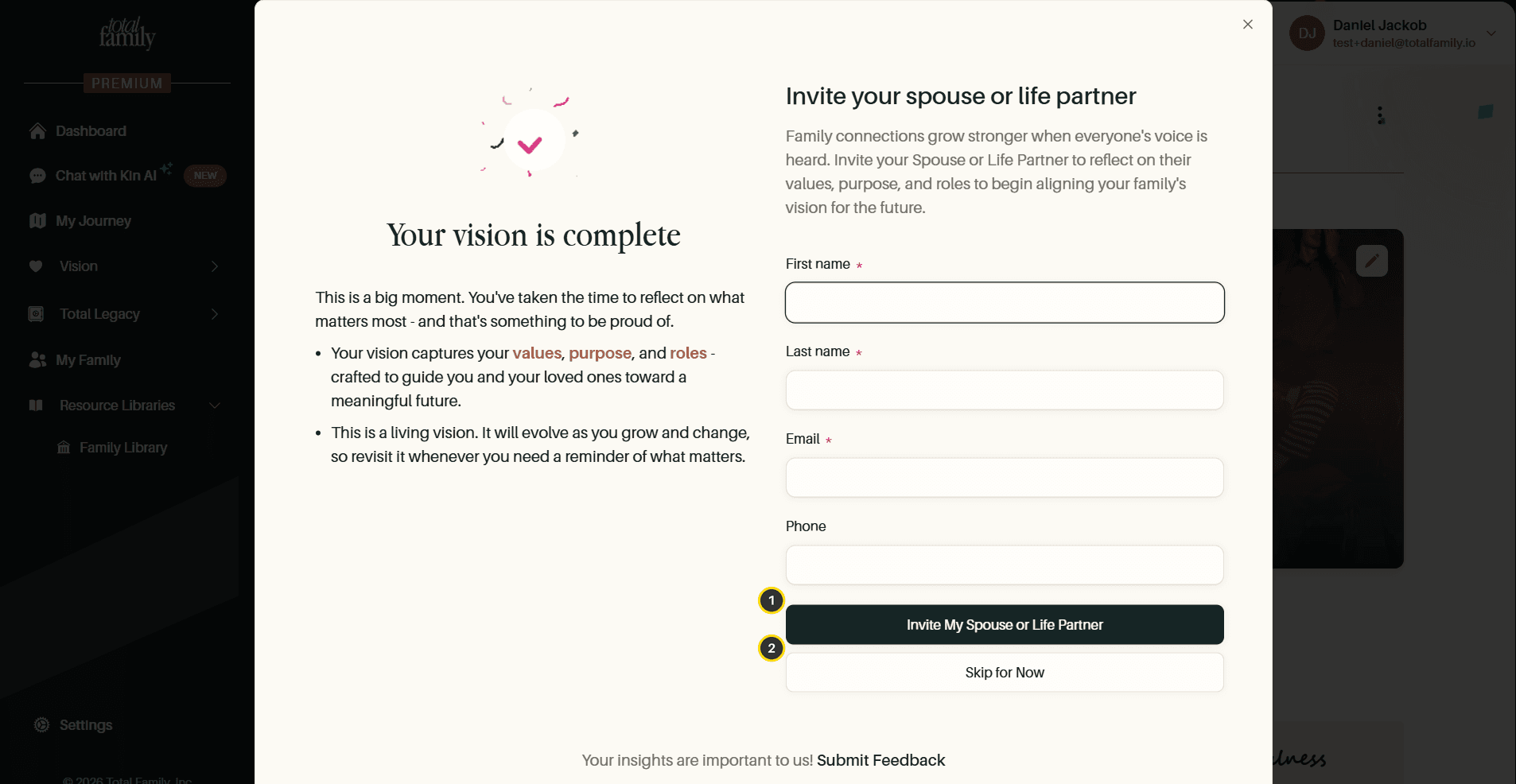 The vision complete screen, with the invite and skip options numbered