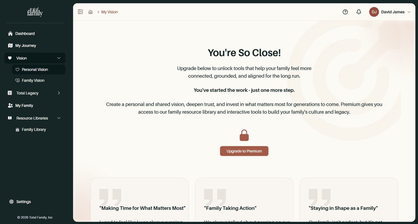 The My Vision page on a free account, showing the upgrade wall