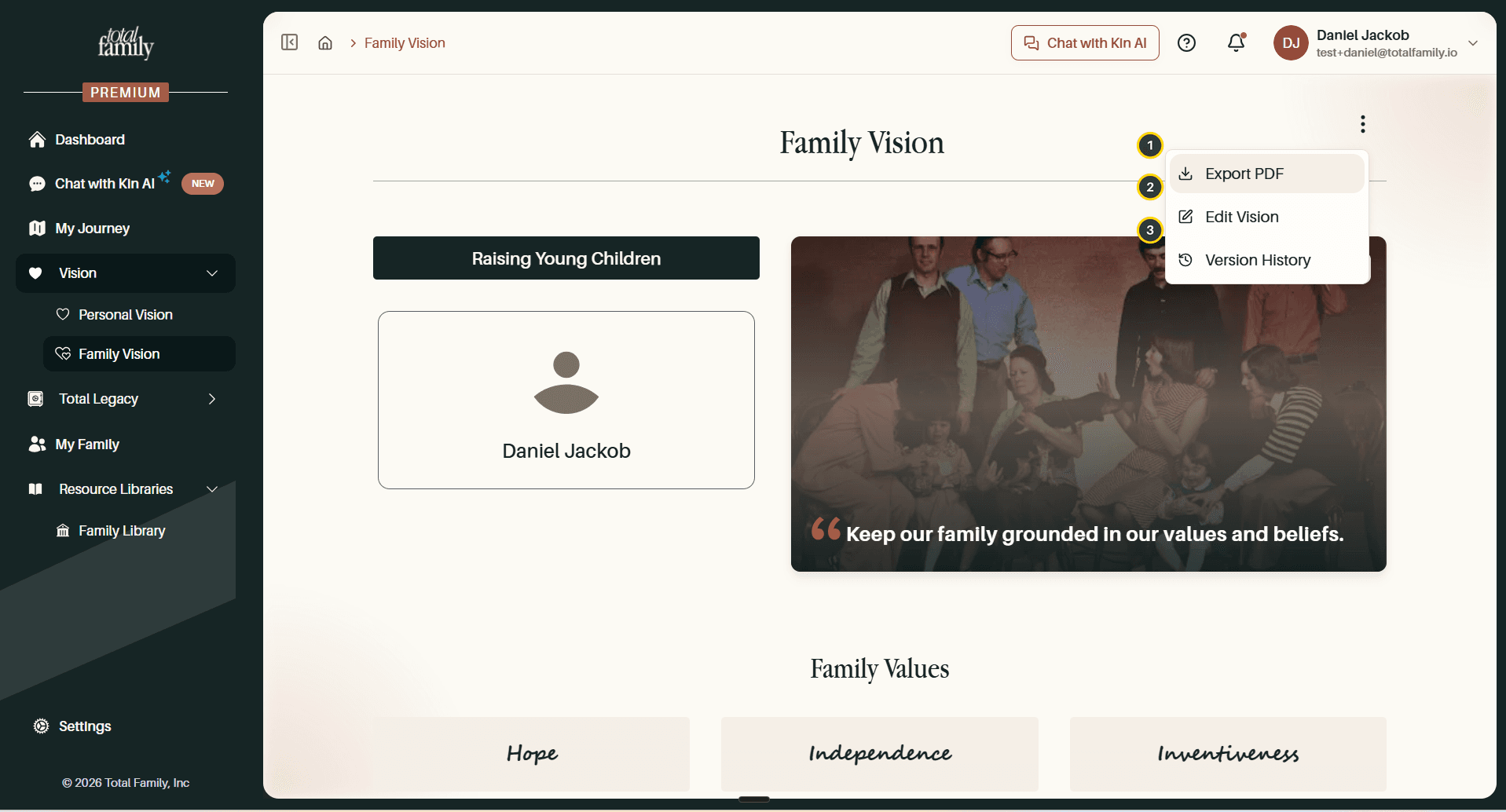 The vision page with the three-dot menu open, its three options numbered