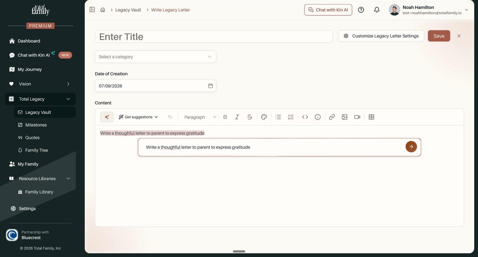 The Legacy Letter editor suggesting AI-generated copy from a short prompt