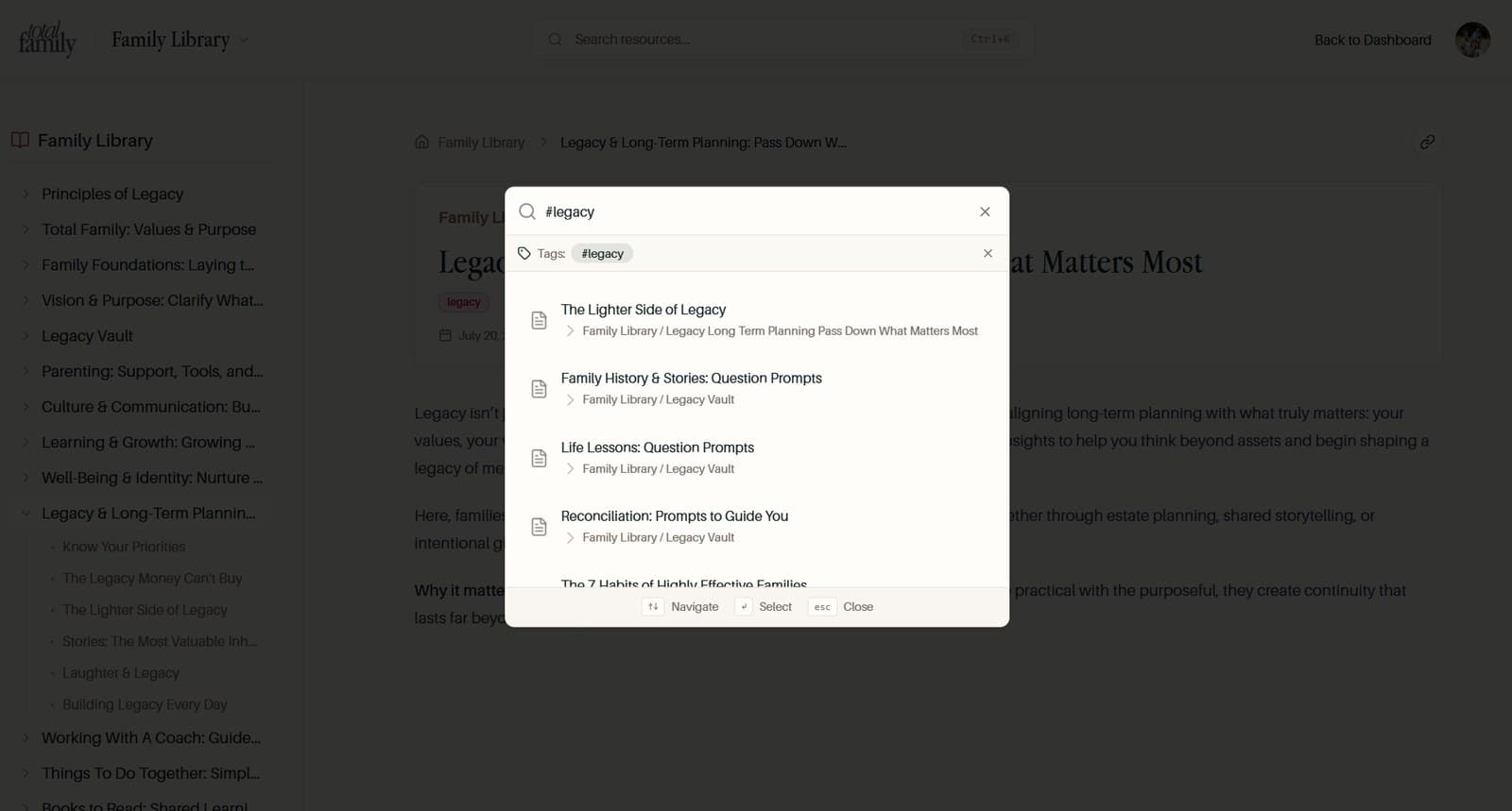 Tag-based search in the Family Library, filtered by the legacy tag