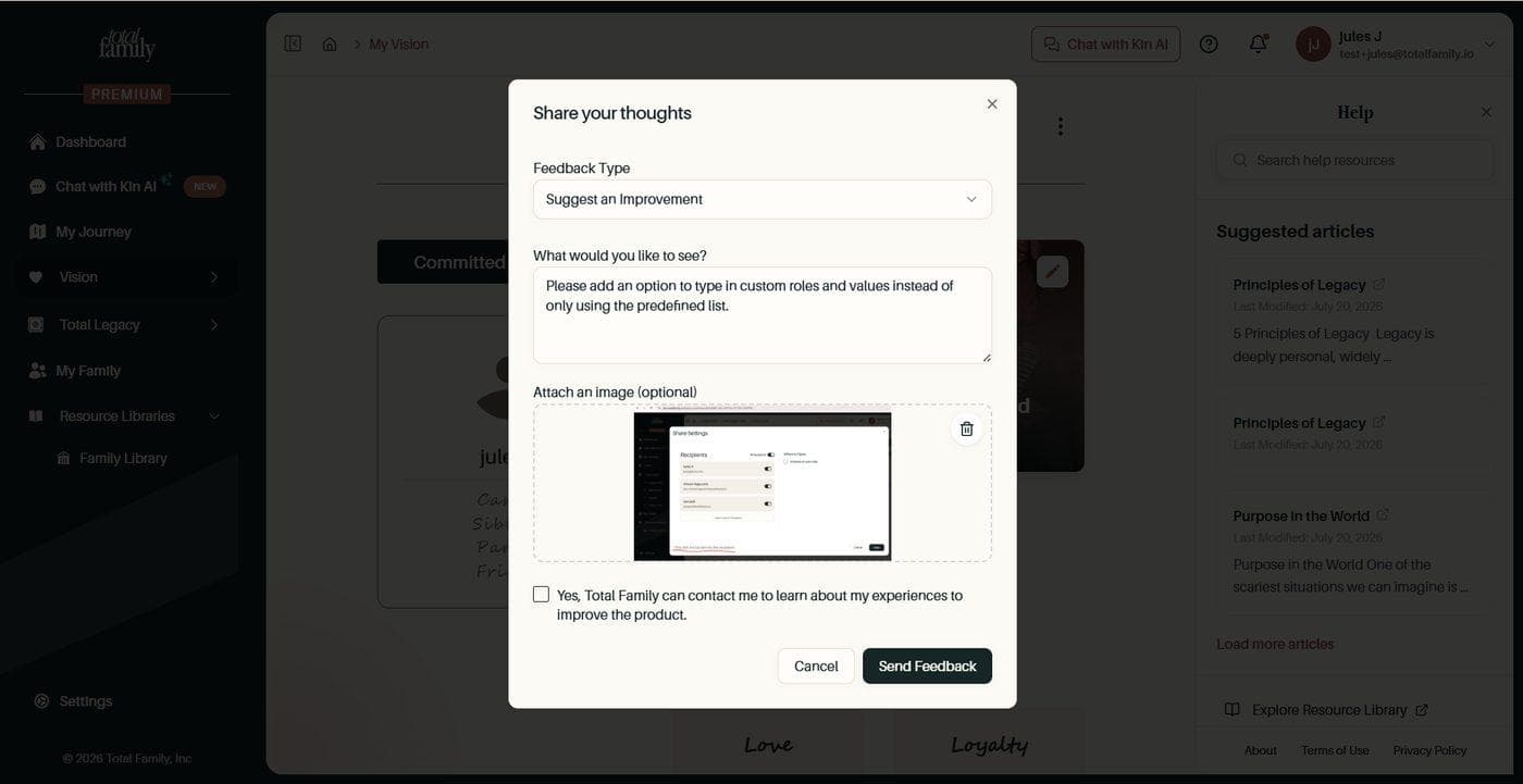 The feedback form in the help panel, with a description and an attached screenshot