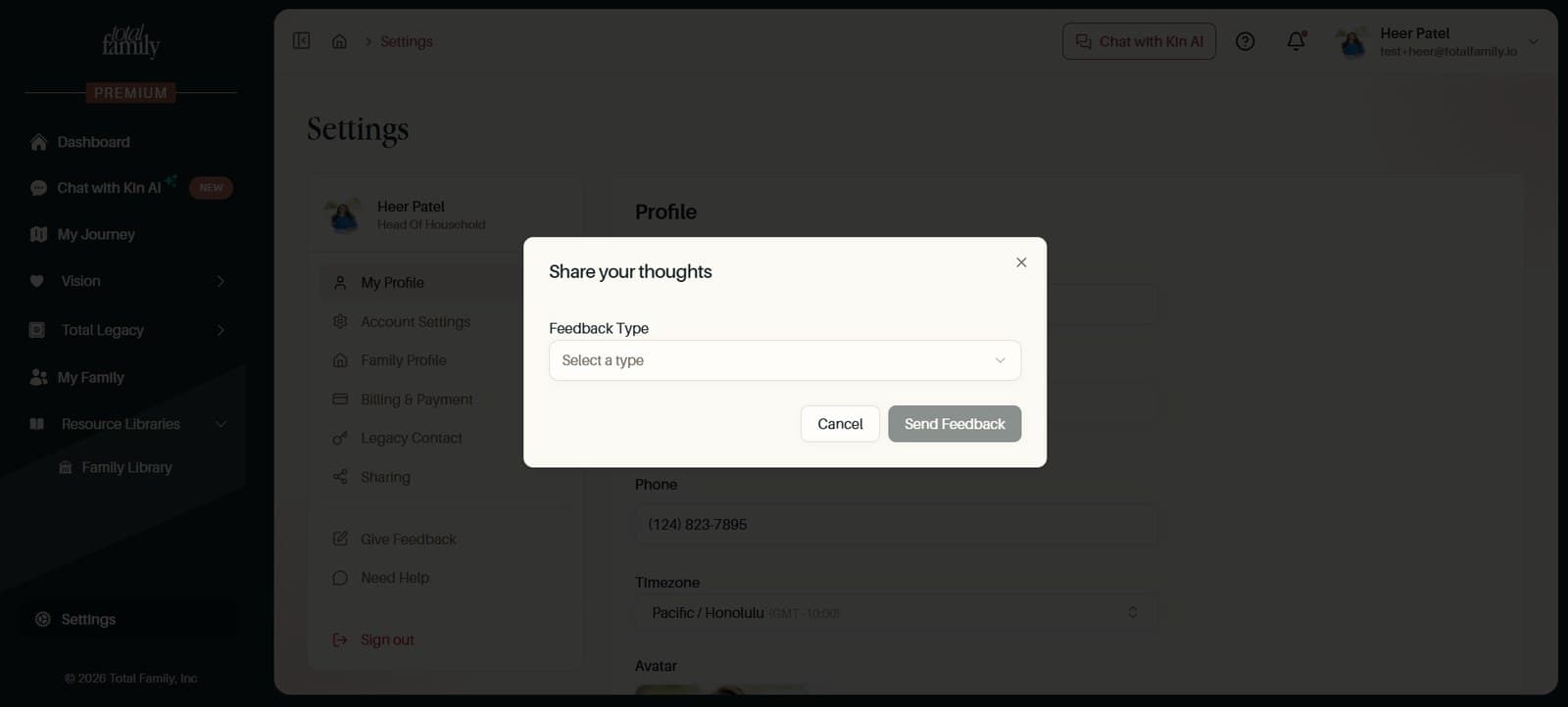 The Share your thoughts feedback form open over the settings page