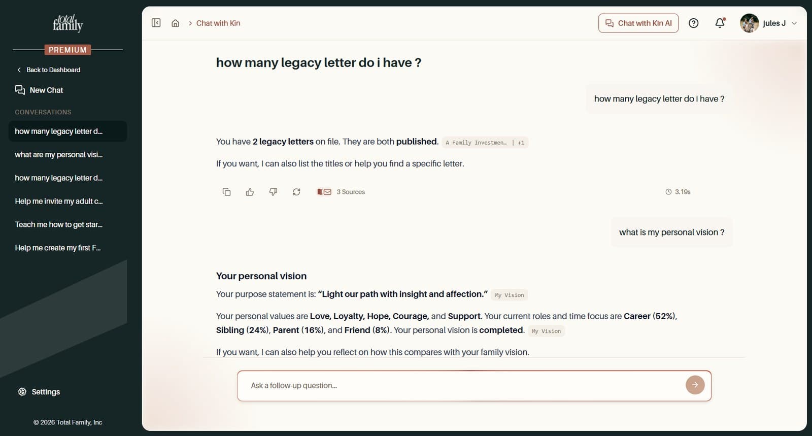 Chat with Kin answering a question about legacy letters, citing its sources