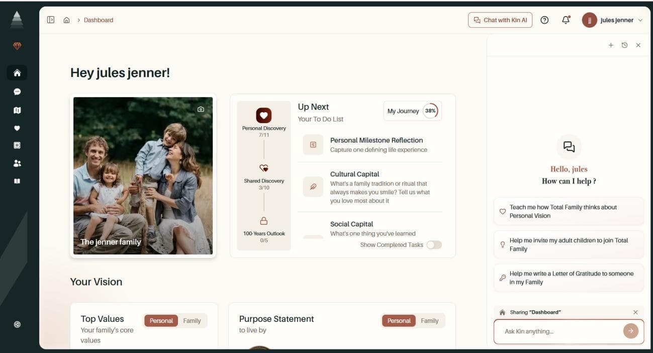 Kin open as a panel beside the family dashboard, sharing the Dashboard screen