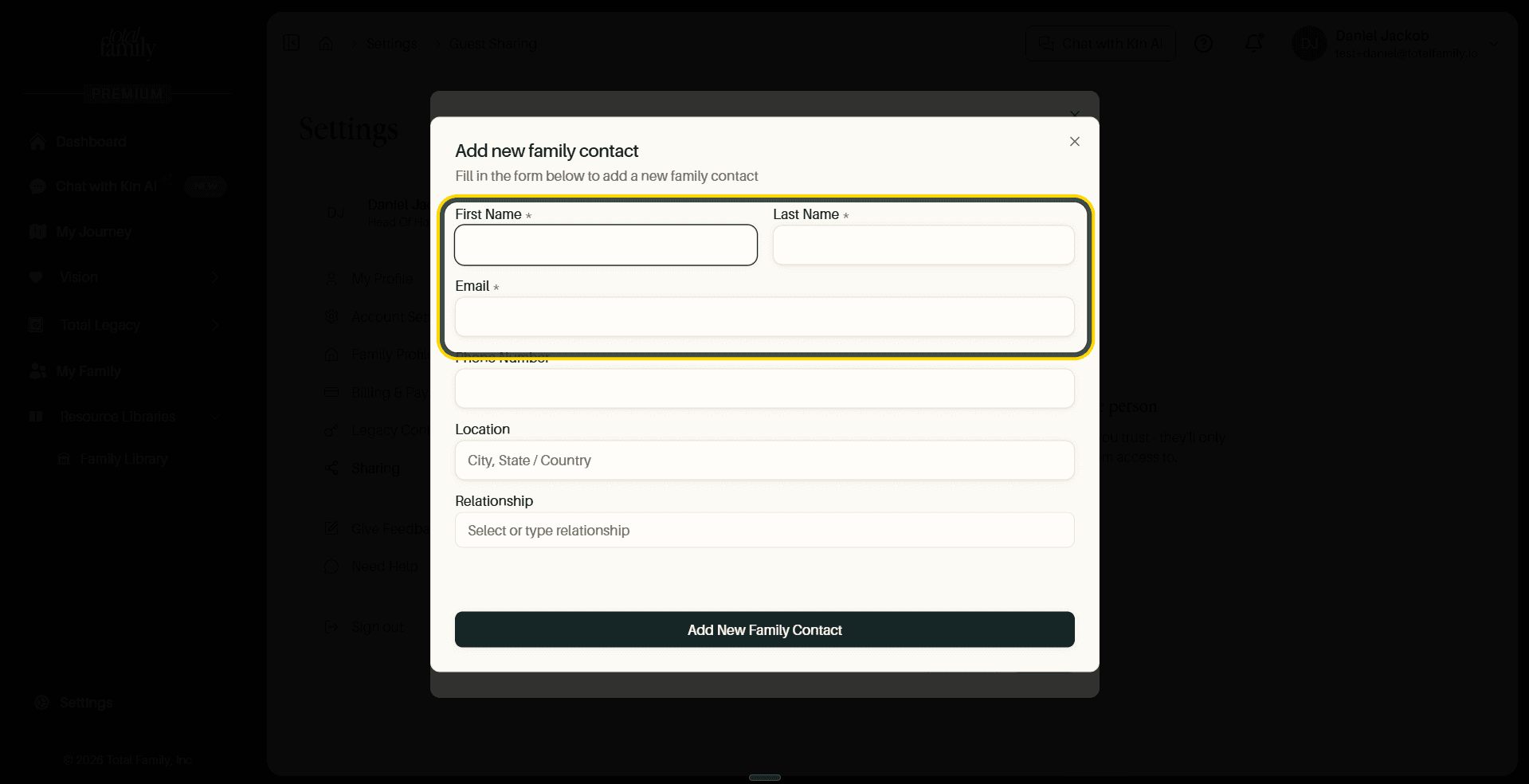 The Add new family contact form, with the required fields highlighted
