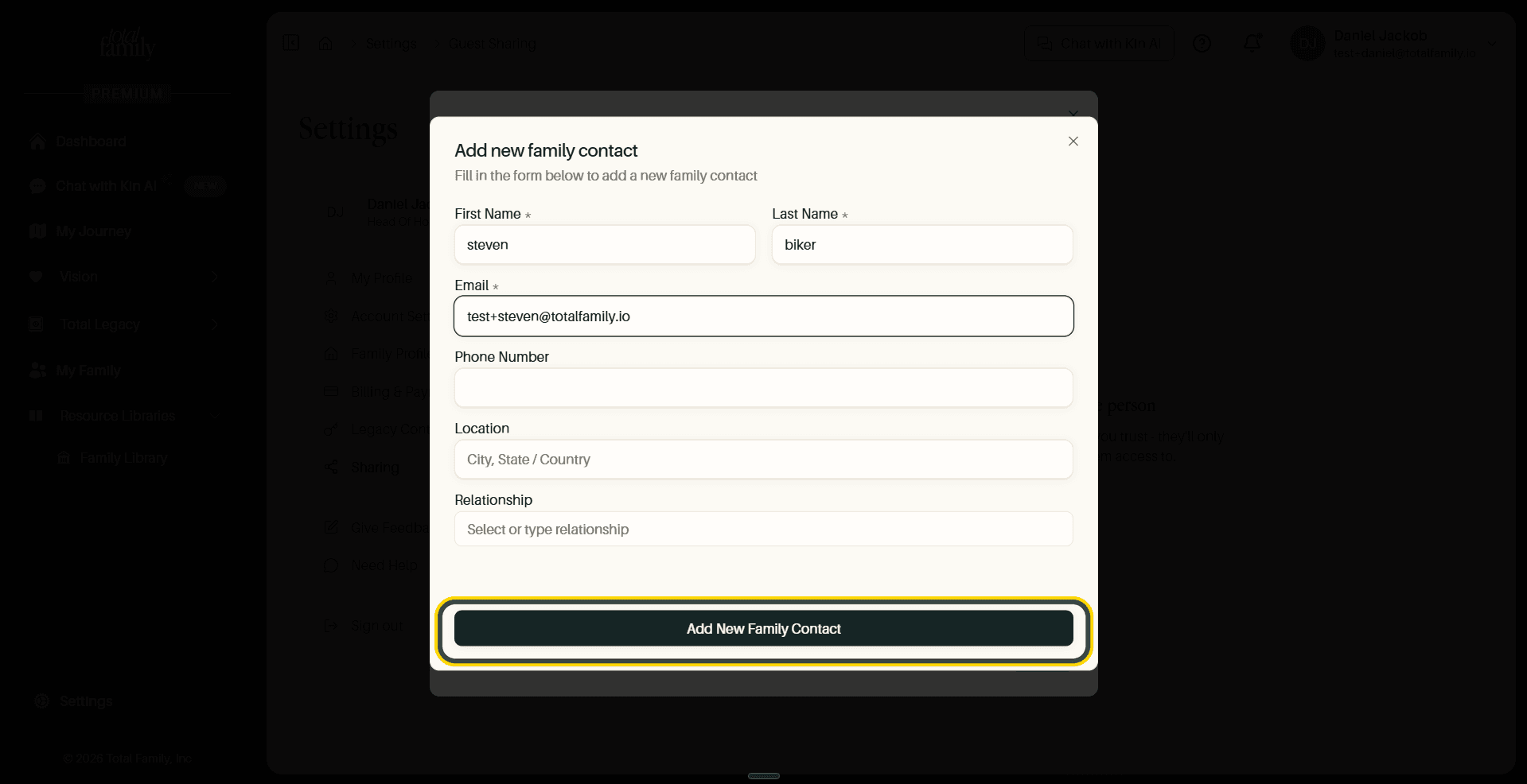 The form filled in, with the submit button highlighted