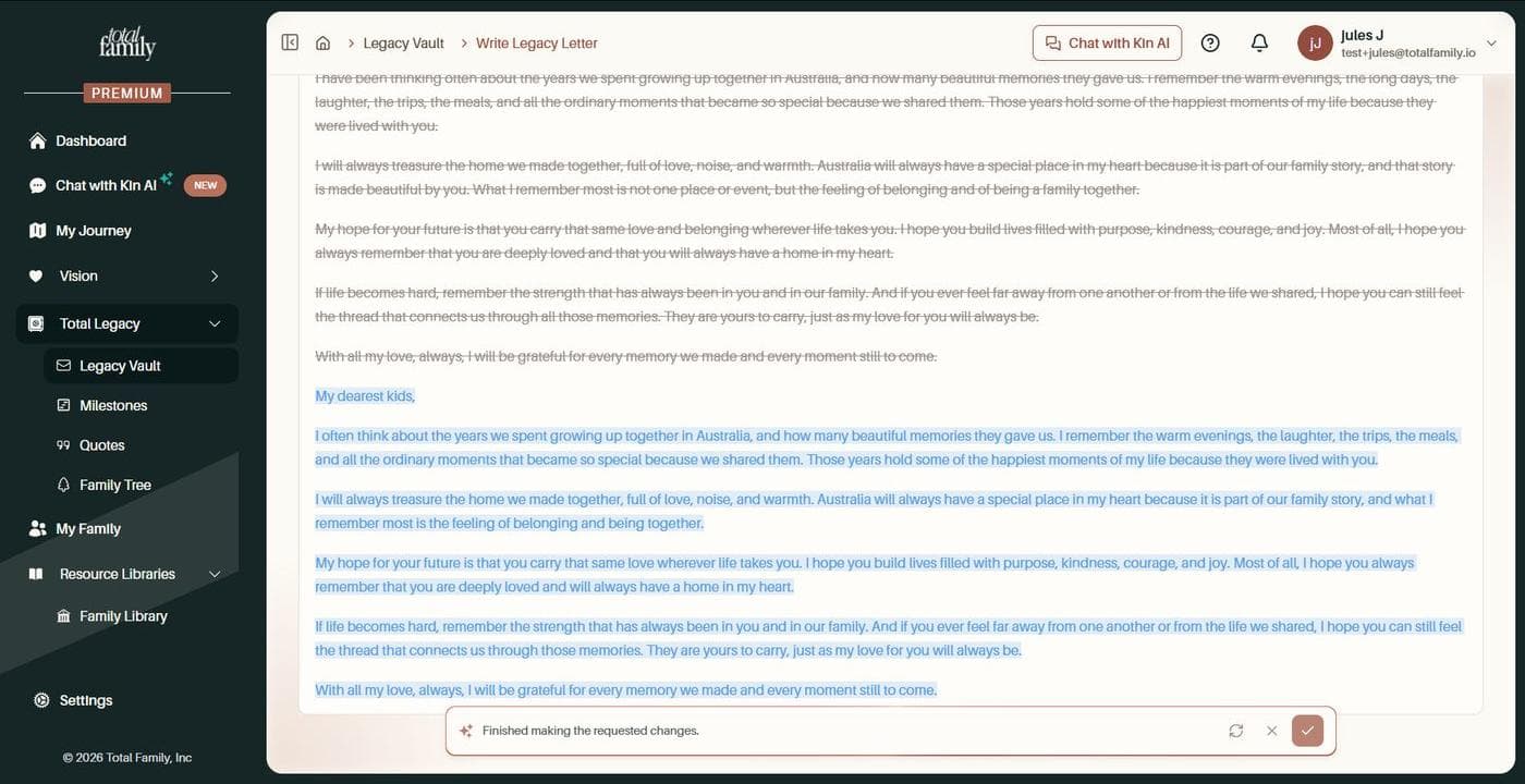 Drafting a legacy letter from a short prompt