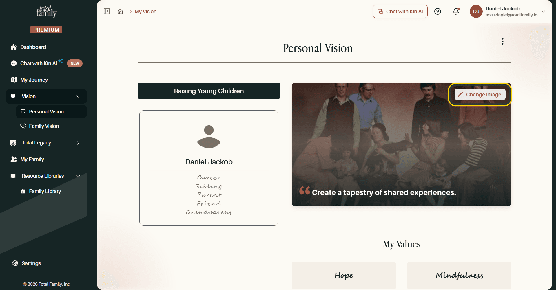The Personal Vision page, with the Change Image button highlighted