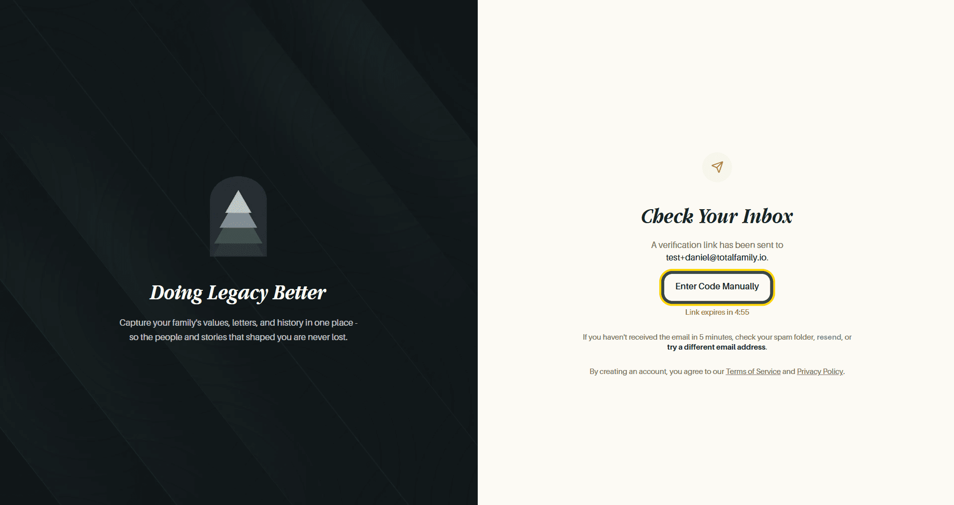 The "Check Your Inbox" screen, showing where the verification link was sent