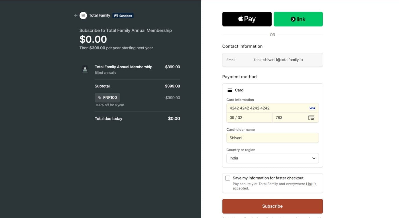 The payment page showing nothing due today and the annual price starting next year