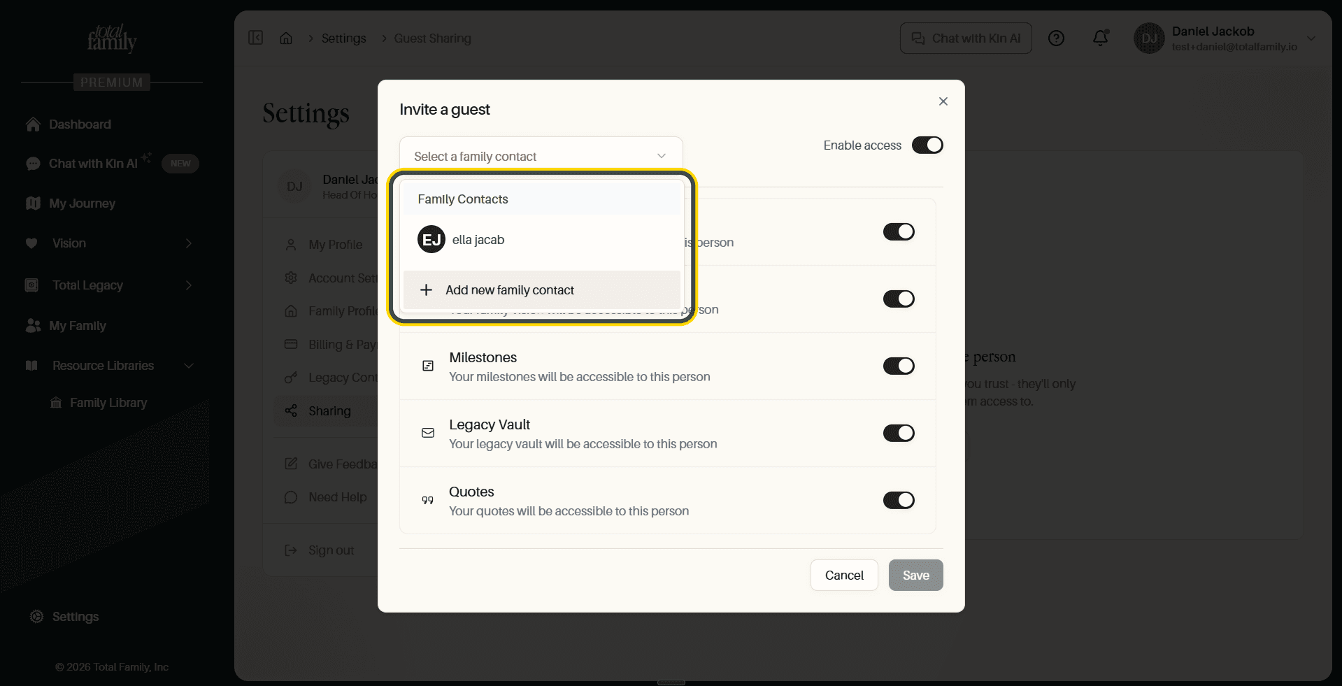 The contact picker open, showing existing contacts and the add option