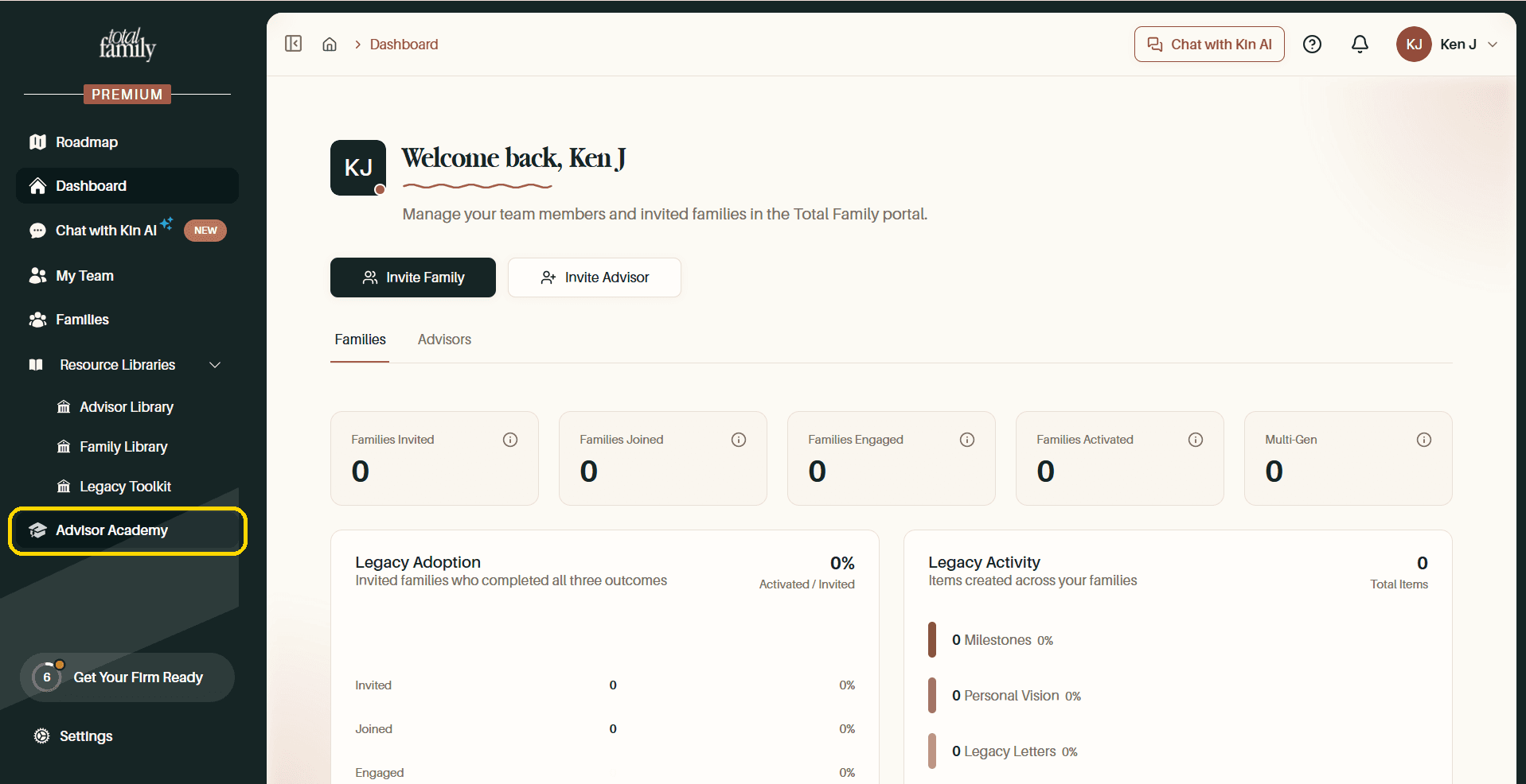 The dashboard sidebar, with Advisor Academy highlighted