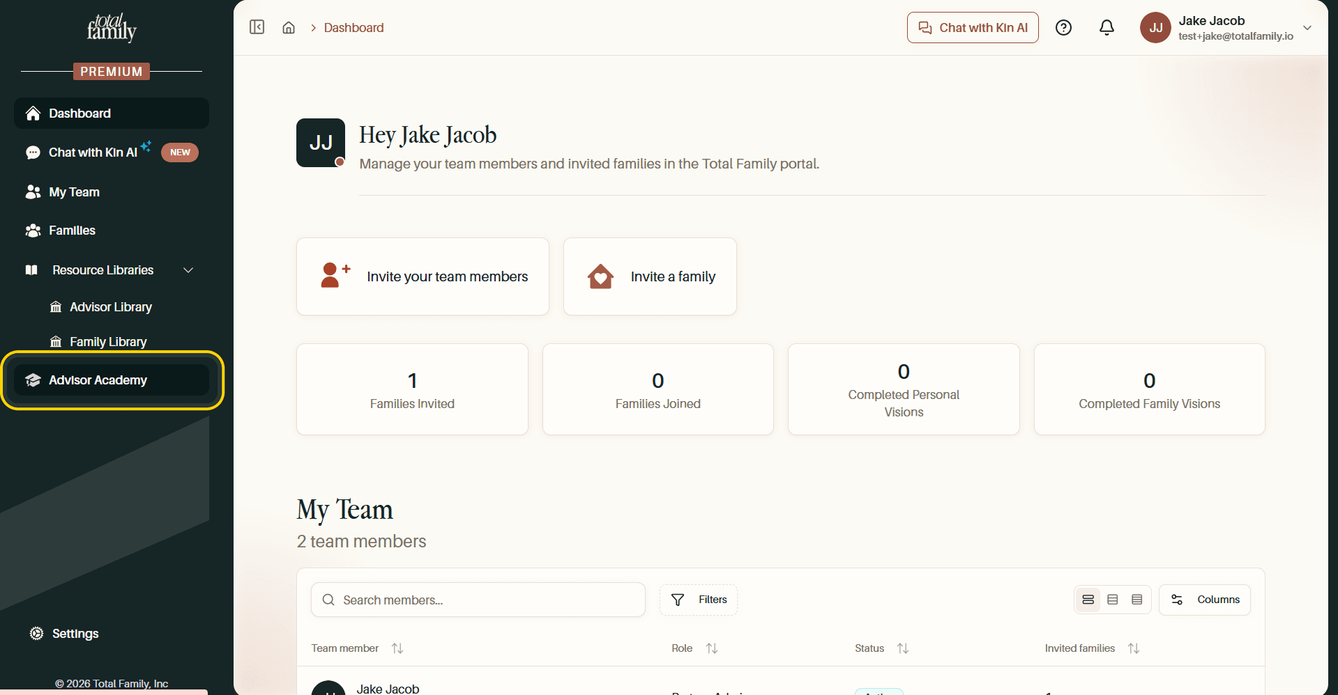 The dashboard sidebar, with Advisor Academy highlighted