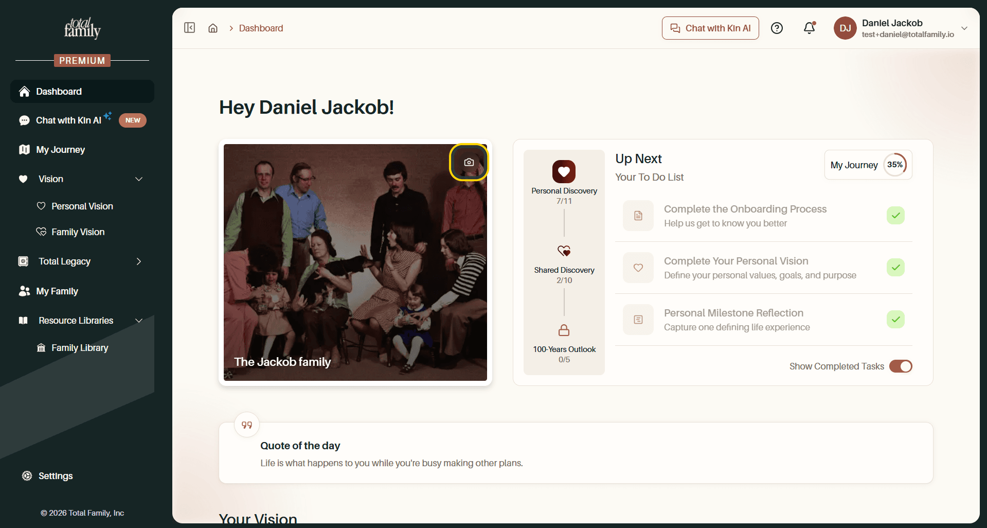 The dashboard family photo card, with the camera icon highlighted