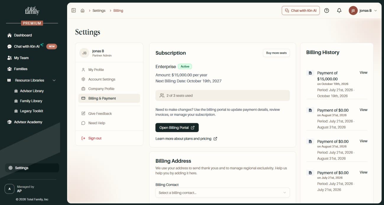 Partner billing showing an Enterprise subscription