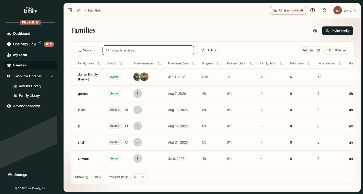Search, filters, and saved views on the families table