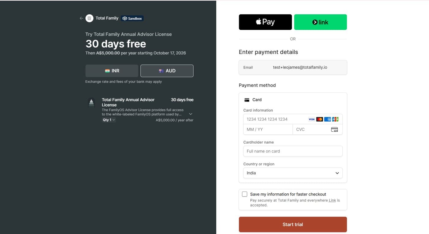 The trial checkout, showing 30 days free and the date the annual price starts